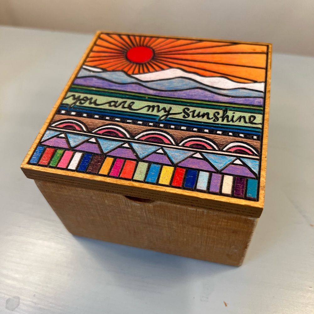 Primitives By Kathy Wooden Box Carved YOU ARE MY SUNSHINE Boho Trinket Jewelry